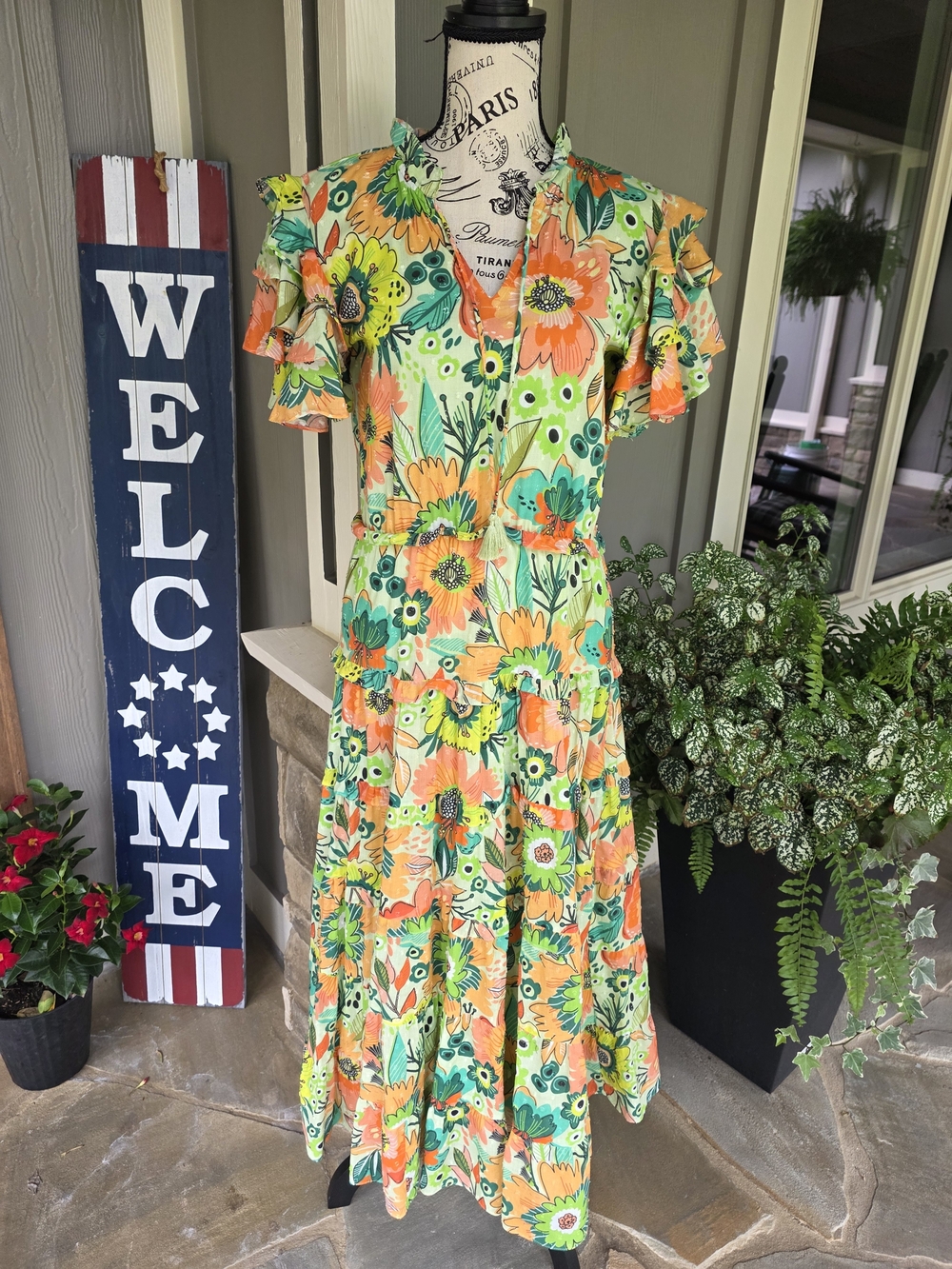 Stunning Floral Ruffle-Sleeve Midi Dress-NWT